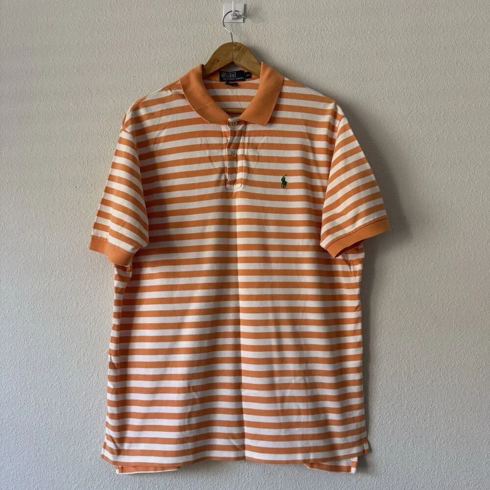 Polo Ralph Lauren Shirt XL Orange White Striped Pony Cotton Classic Fit Golf